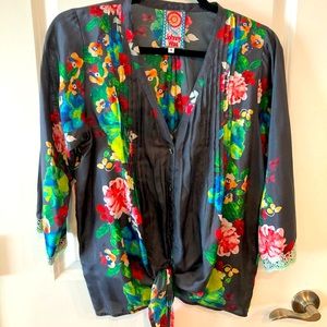 JOHNNY WAS 100% silk tie front blouse!